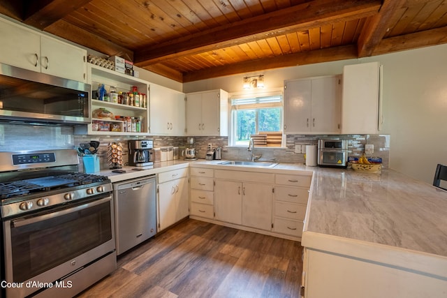 919 Silver Springs Rd, Moyie Springs, ID 83845 - kitchen featuring appliances with stainless steel finishes, a sink, wooden ceiling with exposed beams, light countertops, and dark wood-style floors