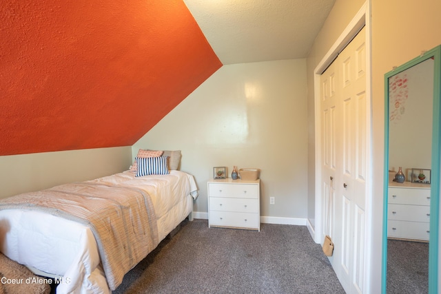 919 Silver Springs Rd, Moyie Springs, ID 83845 - carpeted bedroom featuring lofted ceiling, a closet, a textured ceiling, and baseboards
