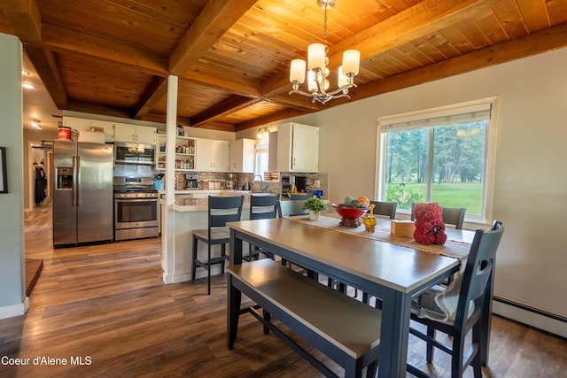 919 Silver Springs Rd, Moyie Springs, ID 83845 - dining area featuring wooden ceiling with exposed beams, dark wood-style flooring, baseboard heating, and a chandelier