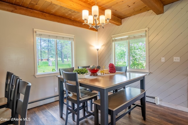 919 Silver Springs Rd, Moyie Springs, ID 83845 - dining area with wood ceiling with exposed beams, wood finished floors, baseboards, a baseboard heating unit, and a chandelier