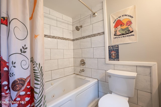 919 Silver Springs Rd, Moyie Springs, ID 83845 - full bath featuring shower / bath combination with curtain, tile walls, and toilet