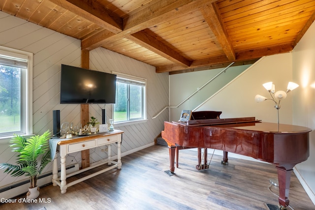 919 Silver Springs Rd, Moyie Springs, ID 83845 - sitting room with wood ceiling with exposed beams, wood finished floors, wooden walls, and baseboards