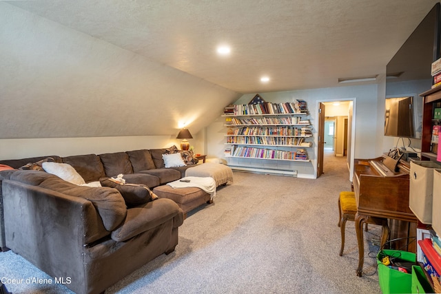 919 Silver Springs Rd, Moyie Springs, ID 83845 - carpeted living room with vaulted ceiling, a textured ceiling, and recessed lighting