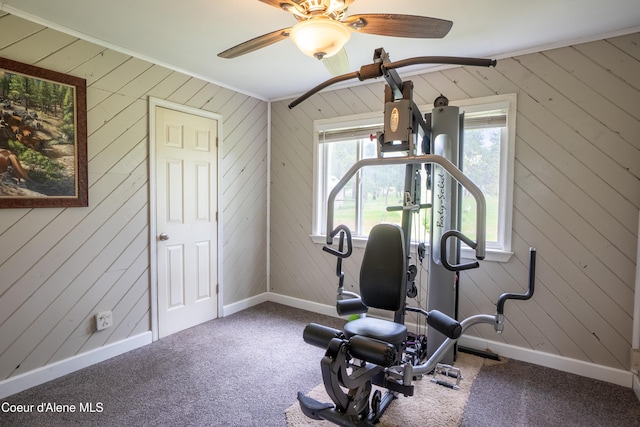 919 Silver Springs Rd, Moyie Springs, ID 83845 - workout area featuring wooden walls, a ceiling fan, baseboards, ornamental molding, and carpet flooring