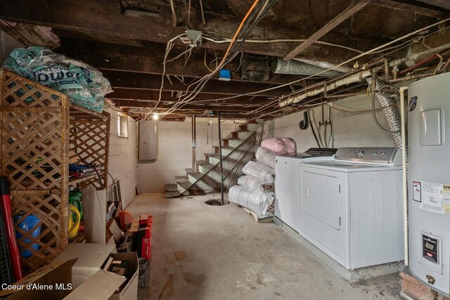 112 Washington St, Priest River, ID 83856 - unfinished below grade area with electric water heater, electric panel, washer and clothes dryer, and stairs