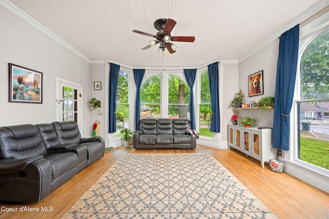 15152 N Mill St, Rathdrum, ID 83858 - living area featuring crown molding, a ceiling fan, wooden ceiling, and wood finished floors