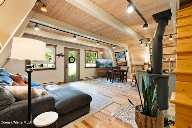 11 Hackney Ln, Sandpoint, ID 83864 - living room featuring track lighting, a wood stove, a baseboard heating unit, wood finished floors, and wooden ceiling