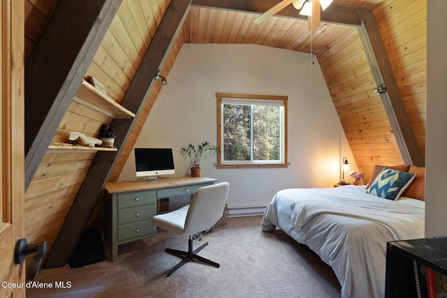 11 Hackney Ln, Sandpoint, ID 83864 - bedroom featuring wood ceiling, lofted ceiling, baseboard heating, a desk, and carpet flooring