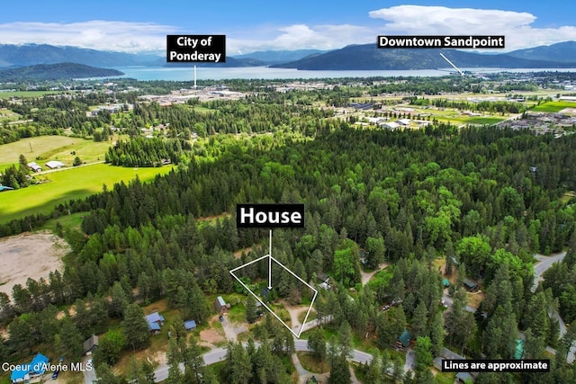 11 Hackney Ln, Sandpoint, ID 83864 - aerial view of property and surrounding area with property boundaries highlighted, a heavily wooded area, and a water and mountain view