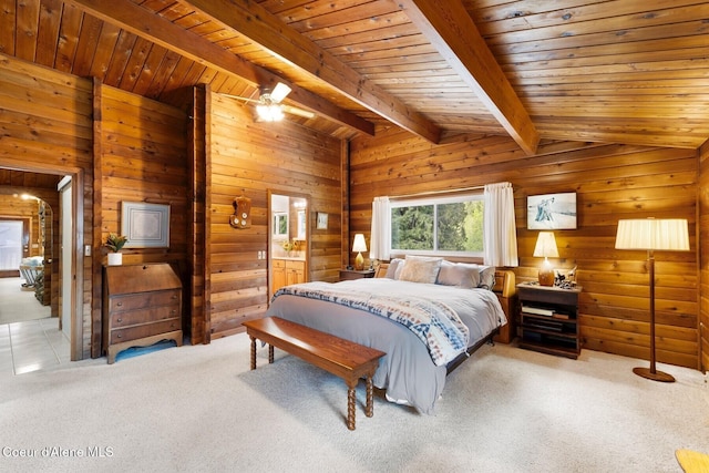 659 Whiskey Jack Rd, Sandpoint, ID 83864 - bedroom featuring light carpet, wooden walls, wooden ceiling, and ensuite bathroom