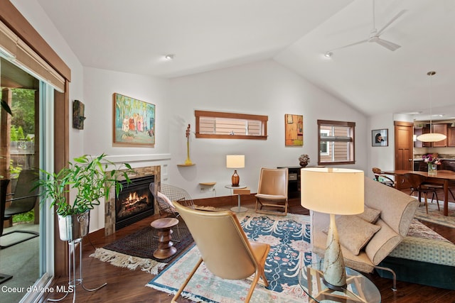 305 Maddie Ln, Sandpoint, ID 83864 - living area featuring wood finished floors, a glass covered fireplace, vaulted ceiling, and healthy amount of natural light