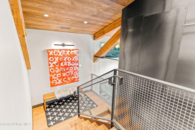 6361 S Cormorant Ct, Harrison, ID 83833 - stairs featuring wooden ceiling, wood finished floors, recessed lighting, and baseboards