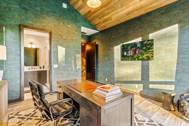 6361 S Cormorant Ct, Harrison, ID 83833 - home office featuring wood ceiling, a sink, wood finished floors, and high vaulted ceiling