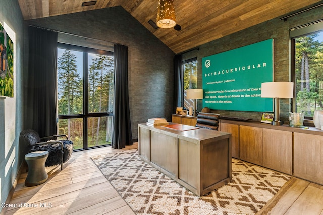 6361 S Cormorant Ct, Harrison, ID 83833 - office area with lofted ceiling, wood ceiling, and light wood-type flooring