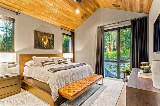 6361 S Cormorant Ct, Harrison, ID 83833 - bedroom featuring lofted ceiling, multiple windows, wood ceiling, light wood-style flooring, and a textured wall
