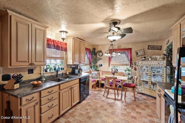 301 Third St, Osburn, ID 83849 - kitchen with black dishwasher, a sink, a ceiling fan, dark countertops, and a textured ceiling
