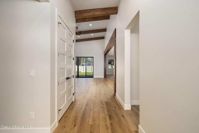 1456 E Ezra Ave, Hayden, ID 83835 - hall with beam ceiling, light wood-style floors, baseboards, and recessed lighting