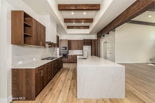 1456 E Ezra Ave, Hayden, ID 83835 - kitchen featuring open shelves, appliances with stainless steel finishes, a sink, beam ceiling, and decorative backsplash