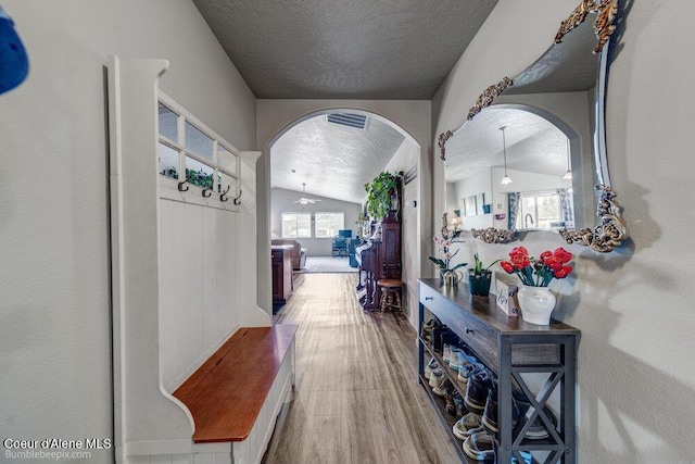 7156 W Christine St, Rathdrum, ID 83858 - hall with arched walkways, a textured ceiling, lofted ceiling, wood finished floors, and plenty of natural light