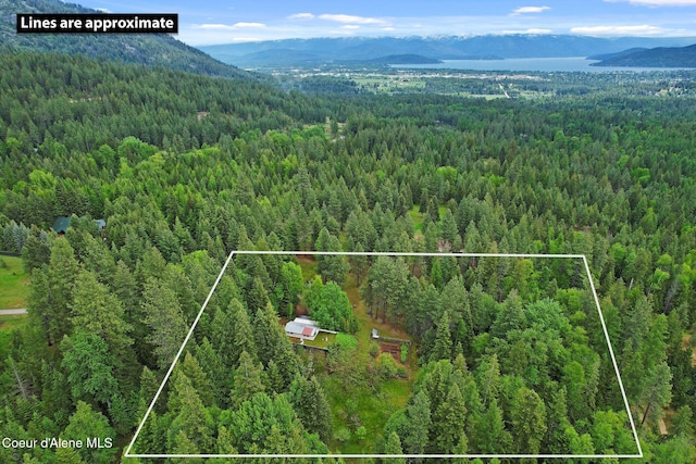 272 Hidden Springs Rd, Sandpoint, ID 83864 - aerial overview of property's location featuring a heavily wooded area, a mountainous background, and property parcel outlined