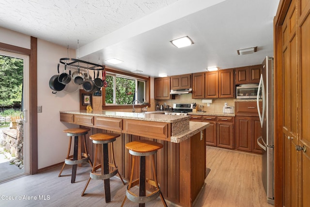 272 Hidden Springs Rd, Sandpoint, ID 83864 - kitchen featuring appliances with stainless steel finishes, under cabinet range hood, a peninsula, light wood-style flooring, and light stone counters