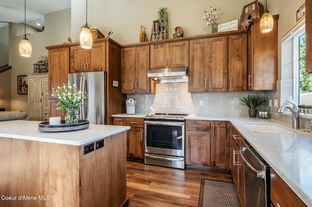 1803 W Felton Dr, Coeur Dalene, ID 83814 - kitchen with appliances with stainless steel finishes, under cabinet range hood, a sink, and brown cabinets
