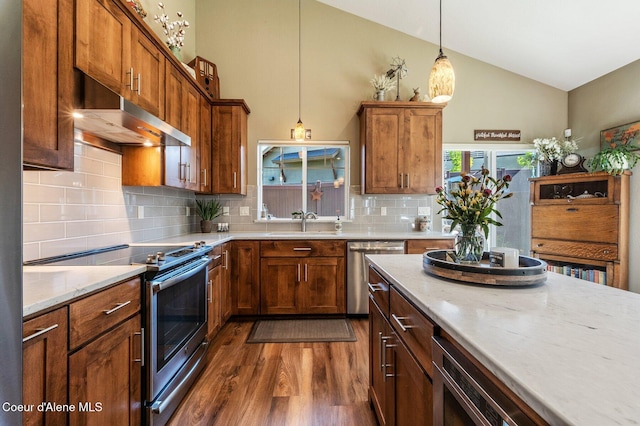 1803 W Felton Dr, Coeur Dalene, ID 83814 - kitchen featuring appliances with stainless steel finishes, ventilation hood, dark wood-style flooring, high vaulted ceiling, and backsplash