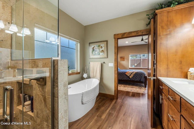 1803 W Felton Dr, Coeur Dalene, ID 83814 - ensuite bathroom with vanity, wood finished floors, a shower stall, and a freestanding tub