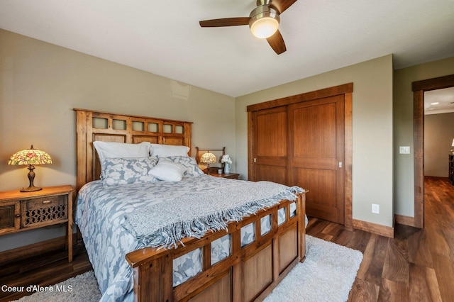 1803 W Felton Dr, Coeur Dalene, ID 83814 - bedroom with dark wood-type flooring, baseboards, a closet, and ceiling fan