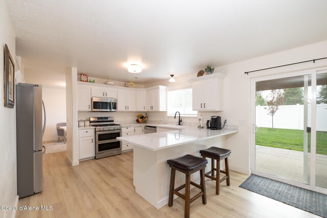 9105 N Prescott Dr, Hayden, ID 83835 - kitchen featuring appliances with stainless steel finishes, a peninsula, light wood finished floors, and a kitchen bar