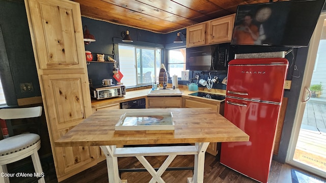 33671 N Macdonalds Unit 2Nd, Dock, Bayview, ID 83803 - kitchen with black appliances, a sink, plenty of natural light, butcher block counters, and wood ceiling