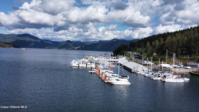 33671 N Macdonalds Unit 2Nd, Dock, Bayview, ID 83803 - water view featuring a mountain backdrop, a dock, and a forest