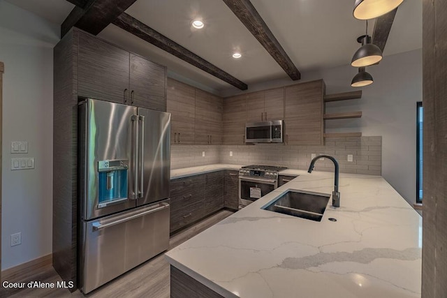 74 Wedge Ct, Priest Lake, ID 83856 - kitchen featuring high quality appliances, a sink, open shelves, backsplash, and beamed ceiling