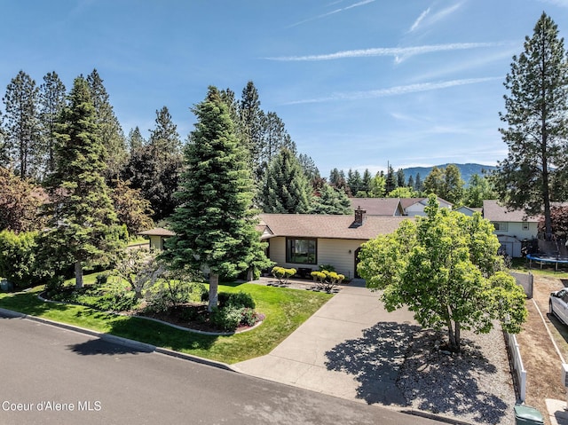 407 W Musket Ave, Post Falls, ID 83854 - view of property hidden behind natural elements featuring a trampoline, a mountain view, and a front lawn