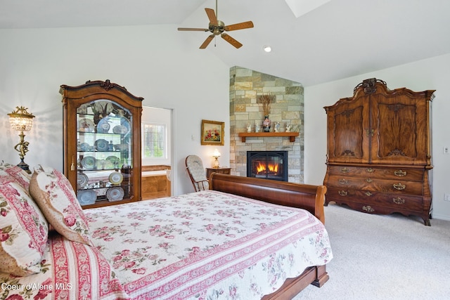 29808 N Caribou Ave, Athol, ID 83801 - carpeted bedroom featuring a fireplace, high vaulted ceiling, and a ceiling fan