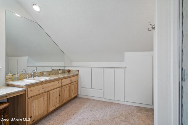29808 N Caribou Ave, Athol, ID 83801 - bathroom featuring vanity, lofted ceiling, and carpet floors