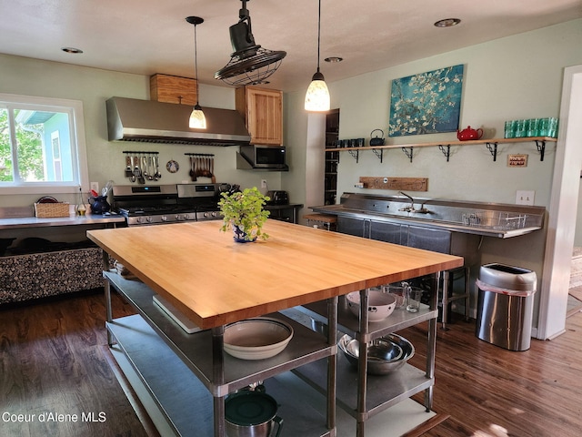 16488 N Atlas Rd, Rathdrum, ID 83858 - kitchen with wall chimney exhaust hood, stainless steel appliances, dark wood-style floors, butcher block counters, and pendant lighting