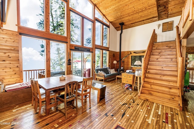 90 Bartoo Is Shr, Priest Lake, ID 83856 - dining area featuring high vaulted ceiling, wooden walls, hardwood / wood-style flooring, wooden ceiling, and stairway