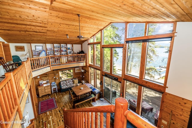 90 Bartoo Is Shr, Priest Lake, ID 83856 - living room featuring wood ceiling, a ceiling fan, vaulted ceiling, and wood finished floors