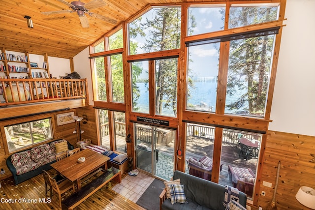 90 Bartoo Is Shr, Priest Lake, ID 83856 - living room with a ceiling fan, lofted ceiling, wooden walls, and wooden ceiling