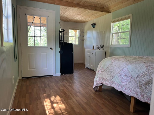 191 Sunset View Ln, Hope, ID 83836 - bedroom featuring freestanding refrigerator, dark wood-type flooring, wood ceiling, and baseboards