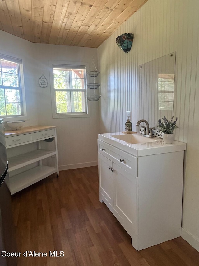 191 Sunset View Ln, Hope, ID 83836 - laundry room with dark wood finished floors, wooden ceiling, a sink, and baseboards