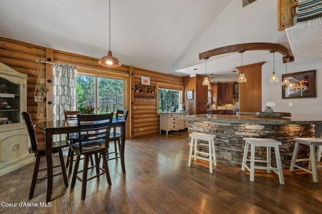 27294 N Clagstone Rd, Athol, ID 83801 - dining room with rustic walls, dark wood finished floors, a textured ceiling, and vaulted ceiling