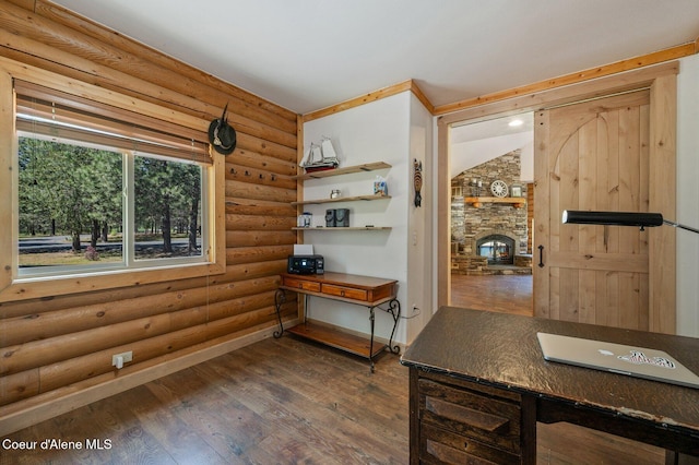 27294 N Clagstone Rd, Athol, ID 83801 - office featuring rustic walls, dark wood-style flooring, and a stone fireplace