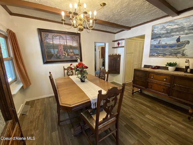 176 King St, Wallace, ID 83873 - dining room featuring a chandelier, dark wood-style flooring, beam ceiling, a textured ceiling, and baseboards
