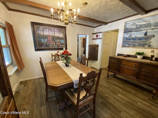 176 King St, Wallace, ID 83873 - dining area with a chandelier, dark wood-type flooring, beam ceiling, baseboards, and a textured ceiling