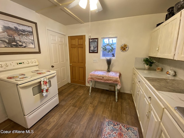 176 King St, Wallace, ID 83873 - kitchen featuring white electric range, dark wood-type flooring, white cabinetry, and light countertops