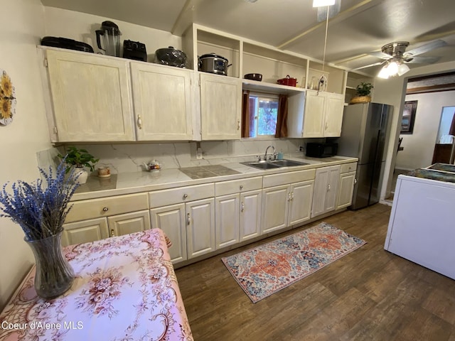 176 King St, Wallace, ID 83873 - kitchen with a sink, freestanding refrigerator, dark wood finished floors, and tile countertops