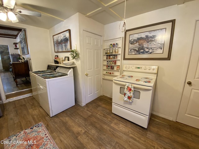 176 King St, Wallace, ID 83873 - kitchen featuring white range with electric stovetop, washer / clothes dryer, dark wood finished floors, and a ceiling fan