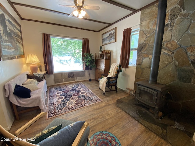 176 King St, Wallace, ID 83873 - living area with a wood stove, wood finished floors, a ceiling fan, ornamental molding, and baseboards